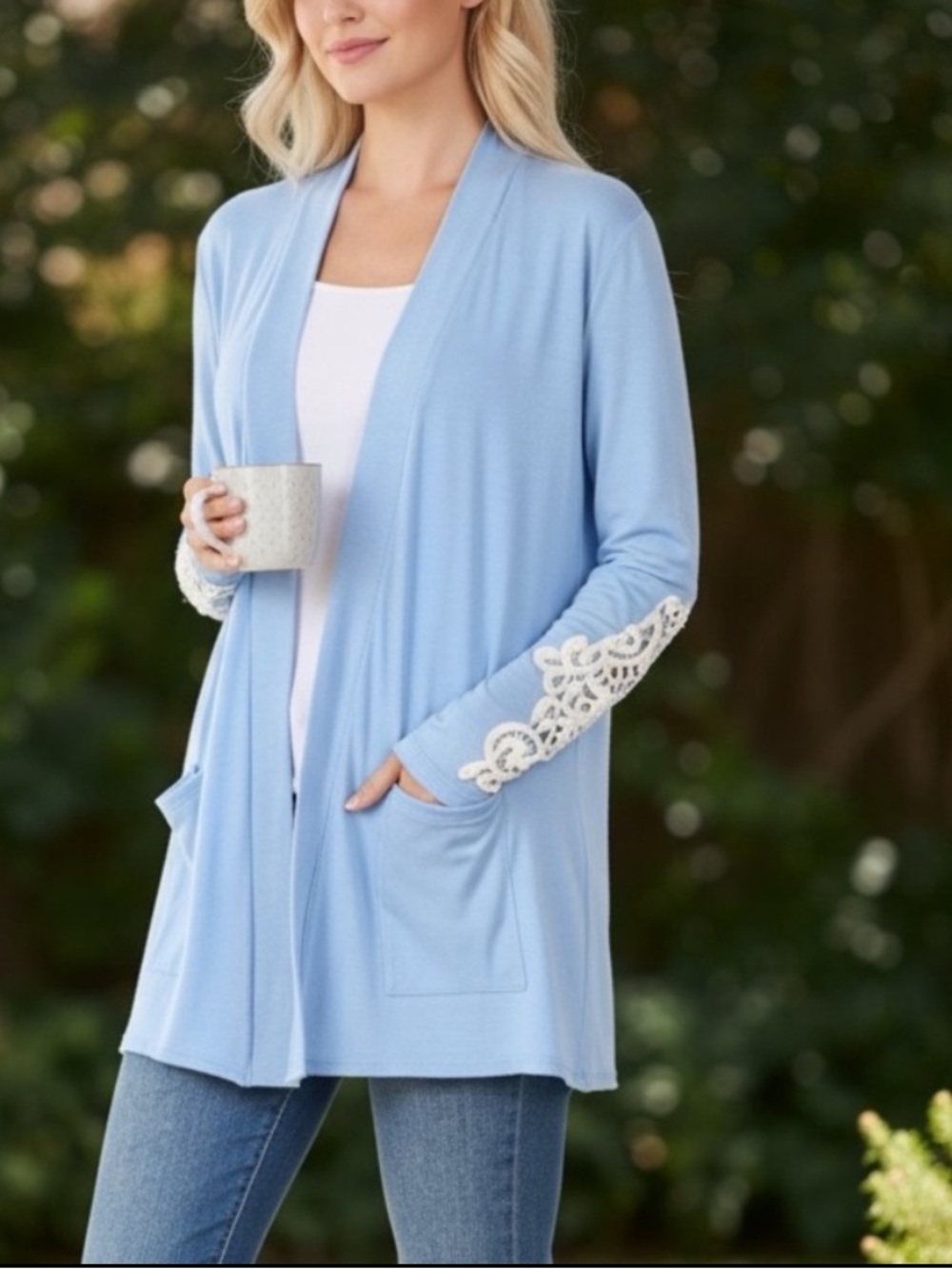 NEW• Jane Baby Blue Crochet Embroidered Sleeve Cardigan With Pockets•XL-2X